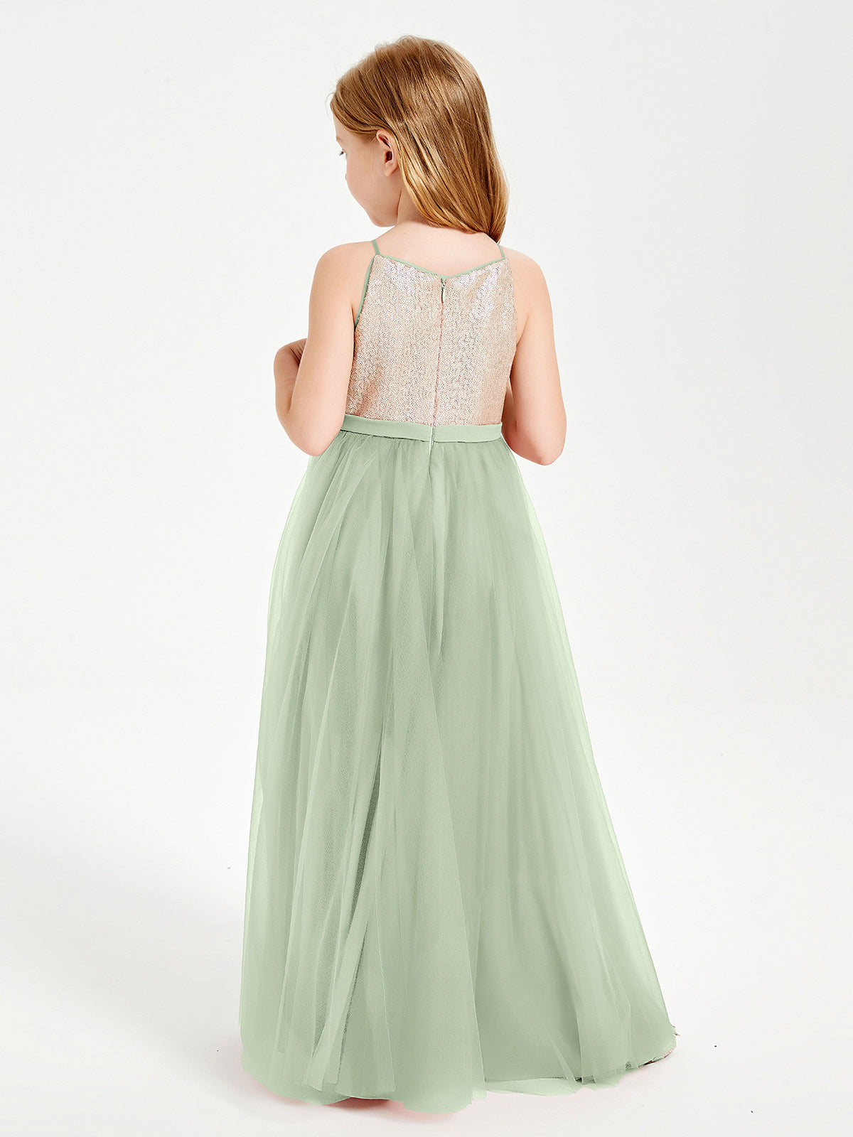 Sequined Top Long Tulle Junior Bridesmaid Gown Dusty Sage
